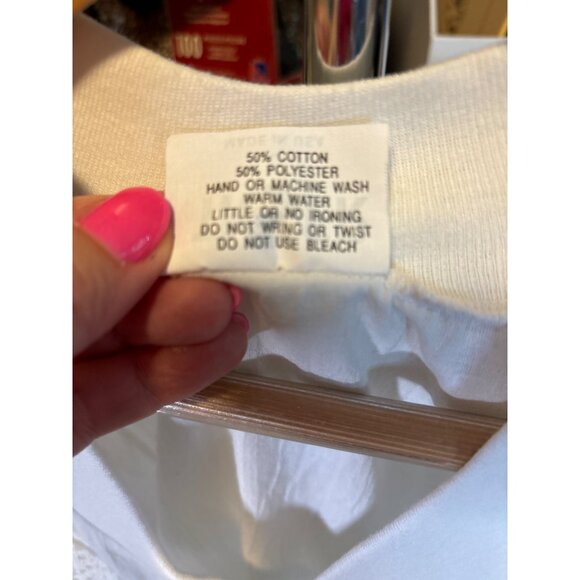 Vintage 90s Tiger White Lace Trim V Neck Top Sz L Banded Hem Sleeve Cuffs - Picture 6 of 8